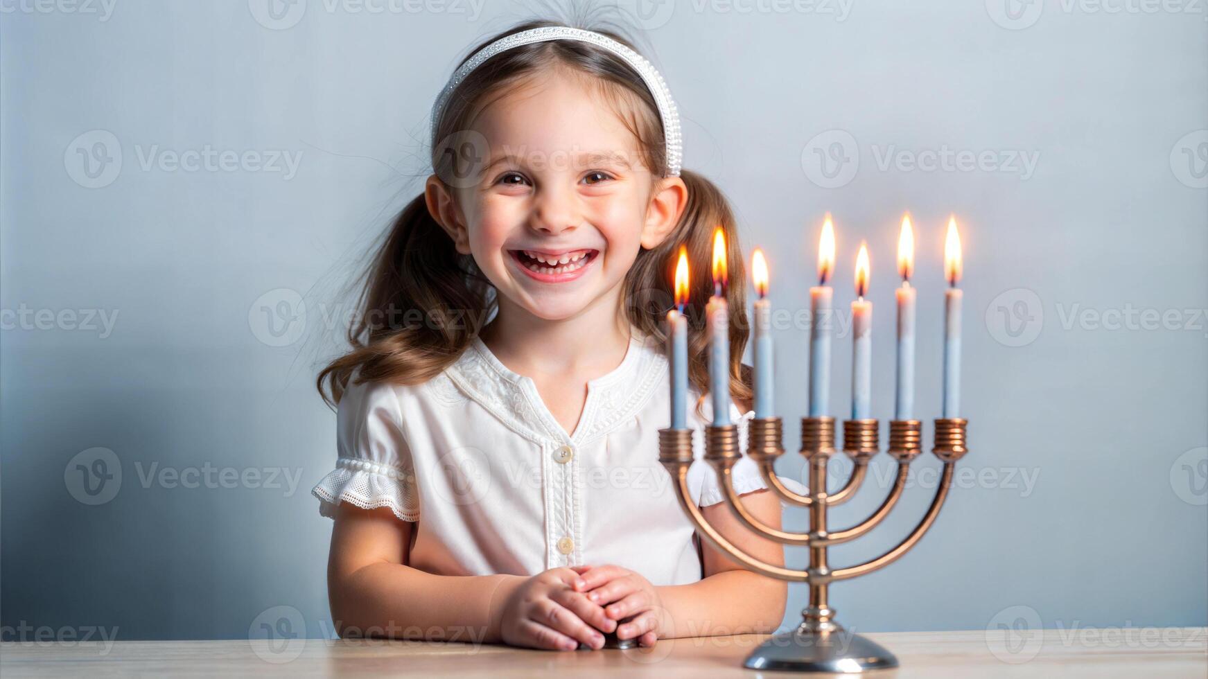 Portrait of a smiling little girl with Hanukkah candles photo