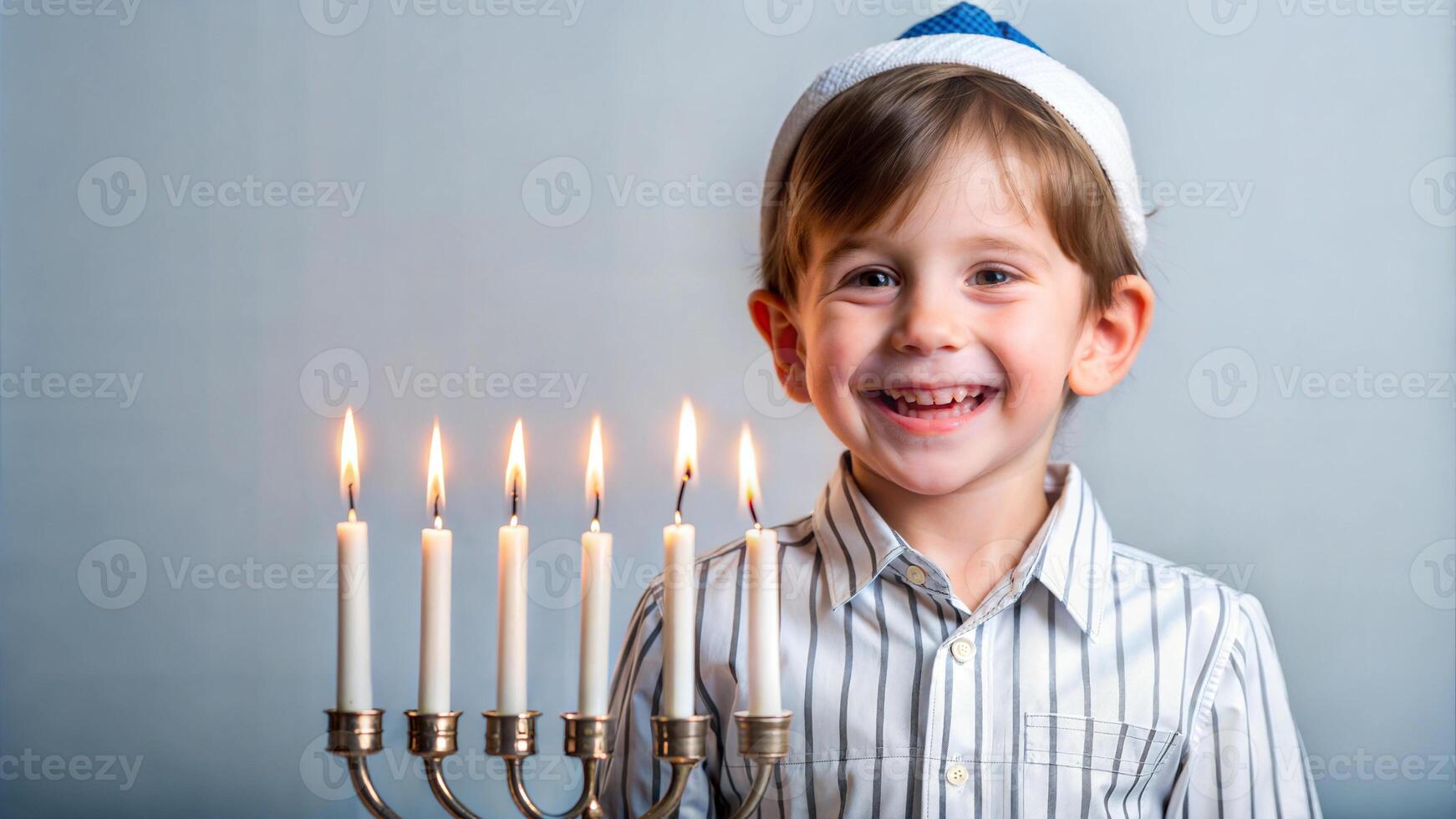 A boy in a striped shirt and a cap with a candle in the form of a menorah photo