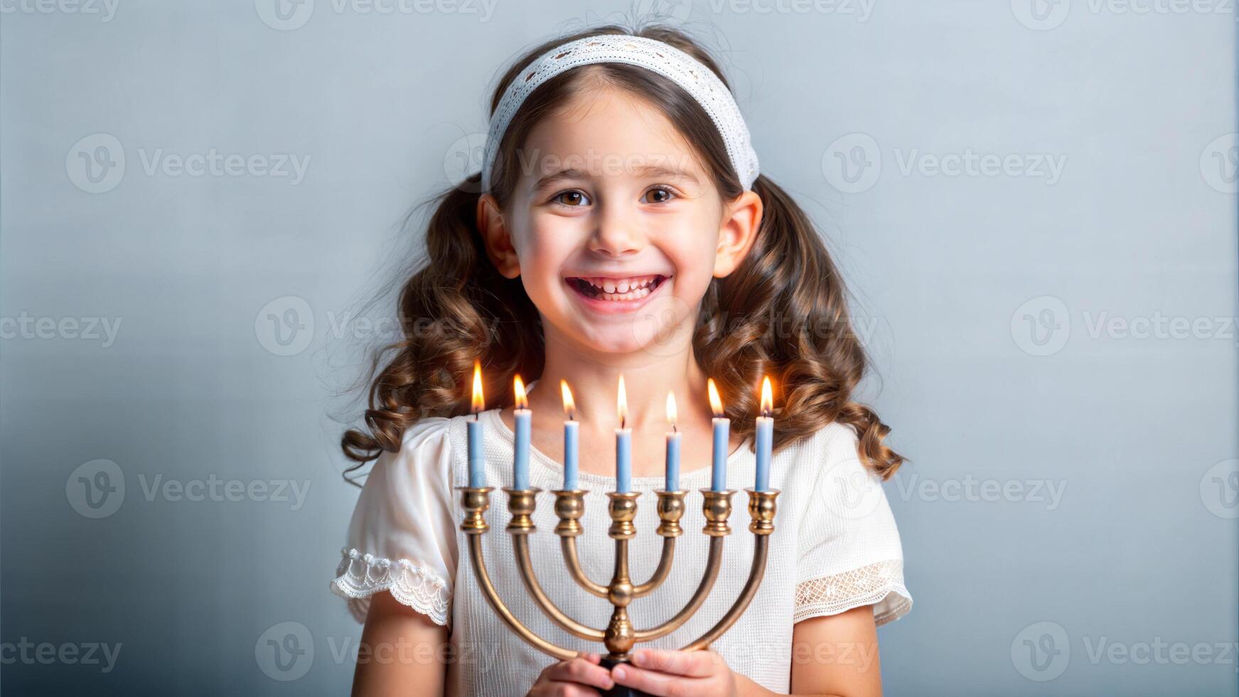 Portrait of a smiling little girl with a Hanukkah menorah photo