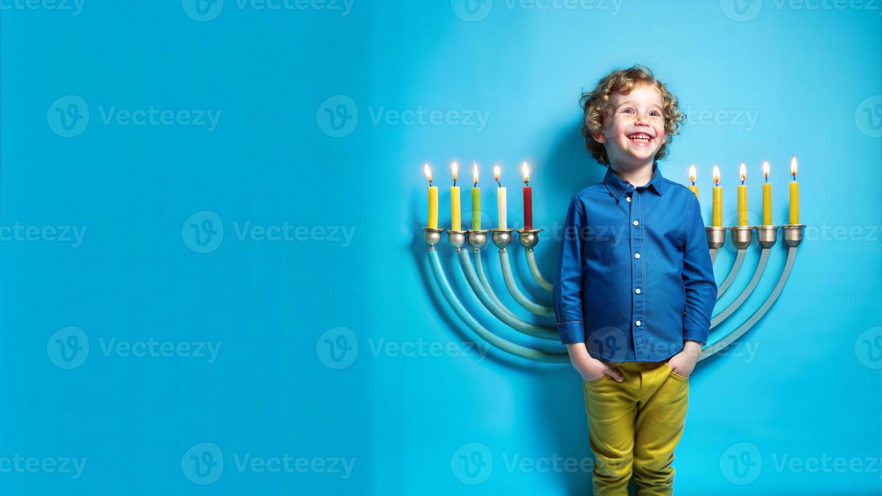 Portrait of boy with Hanukkah menorah on blue background photo
