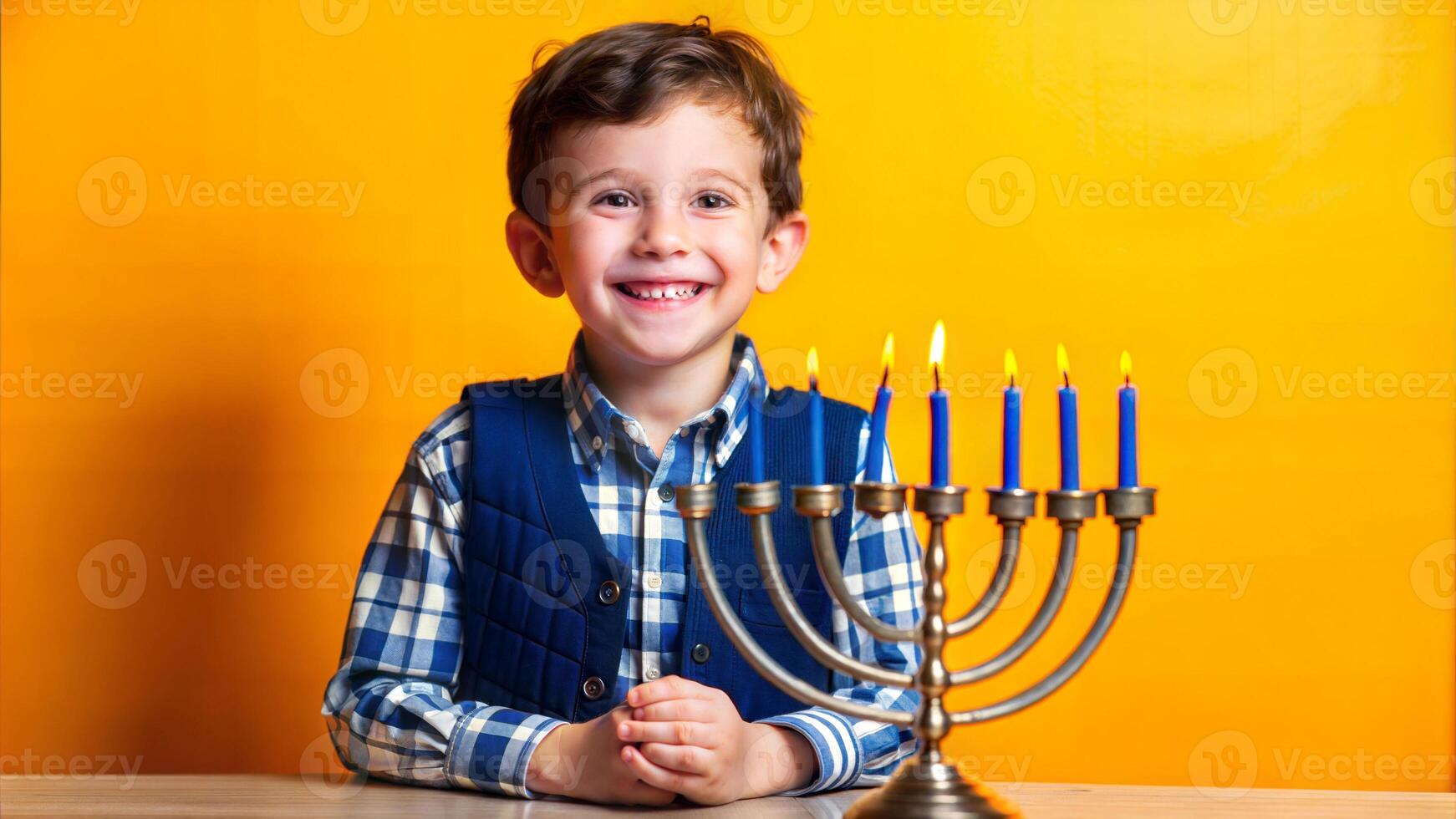 Smiling boy with Hanukkah menorah on yellow background photo