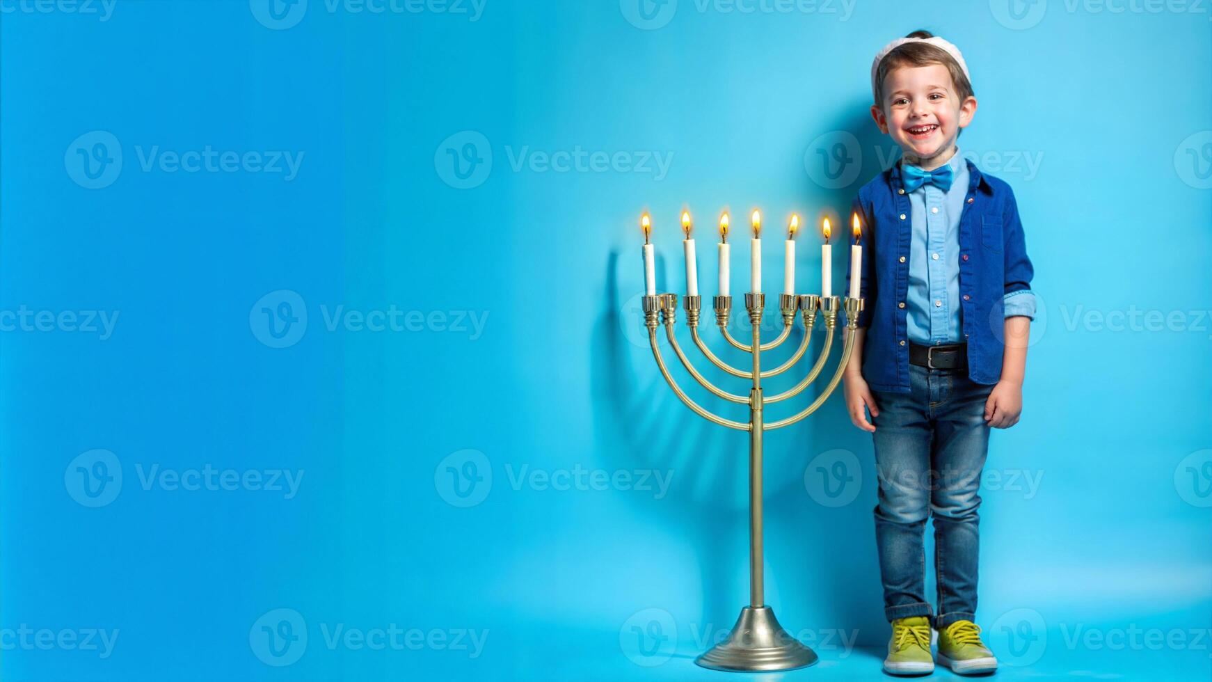 A boy in a Hanukkah costume with a menorah on a blue background photo