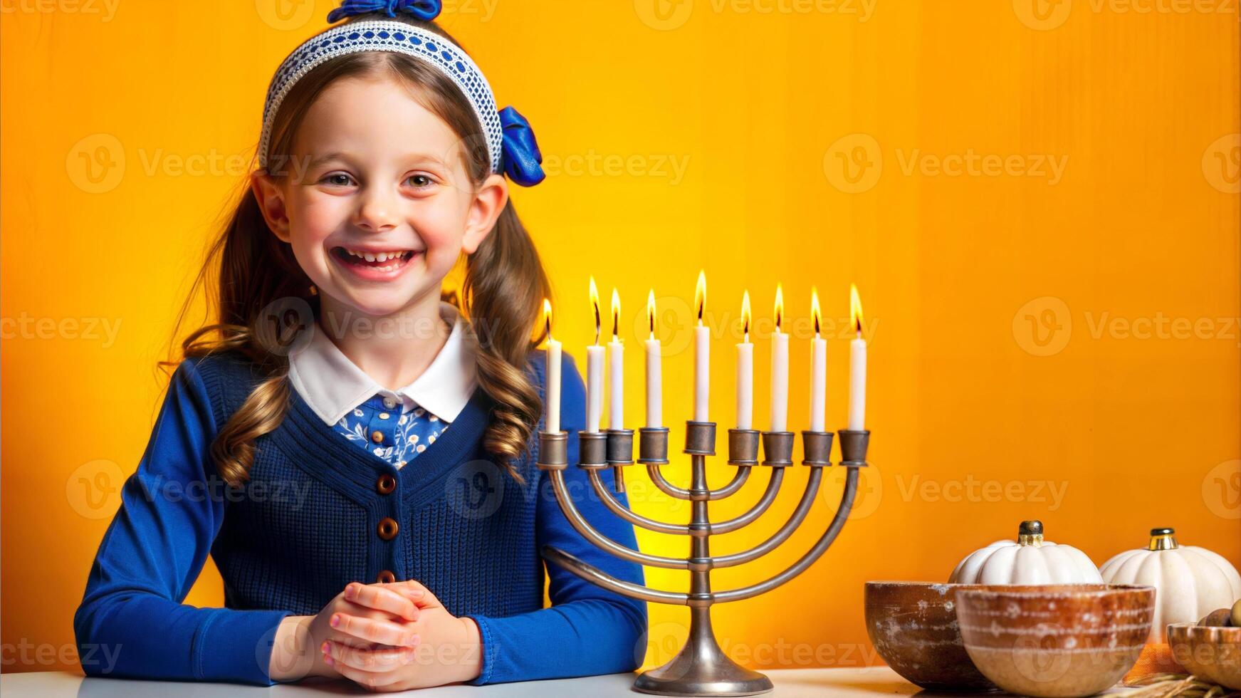 Happy girl celebrating Hanukkah with menorah on yellow background photo