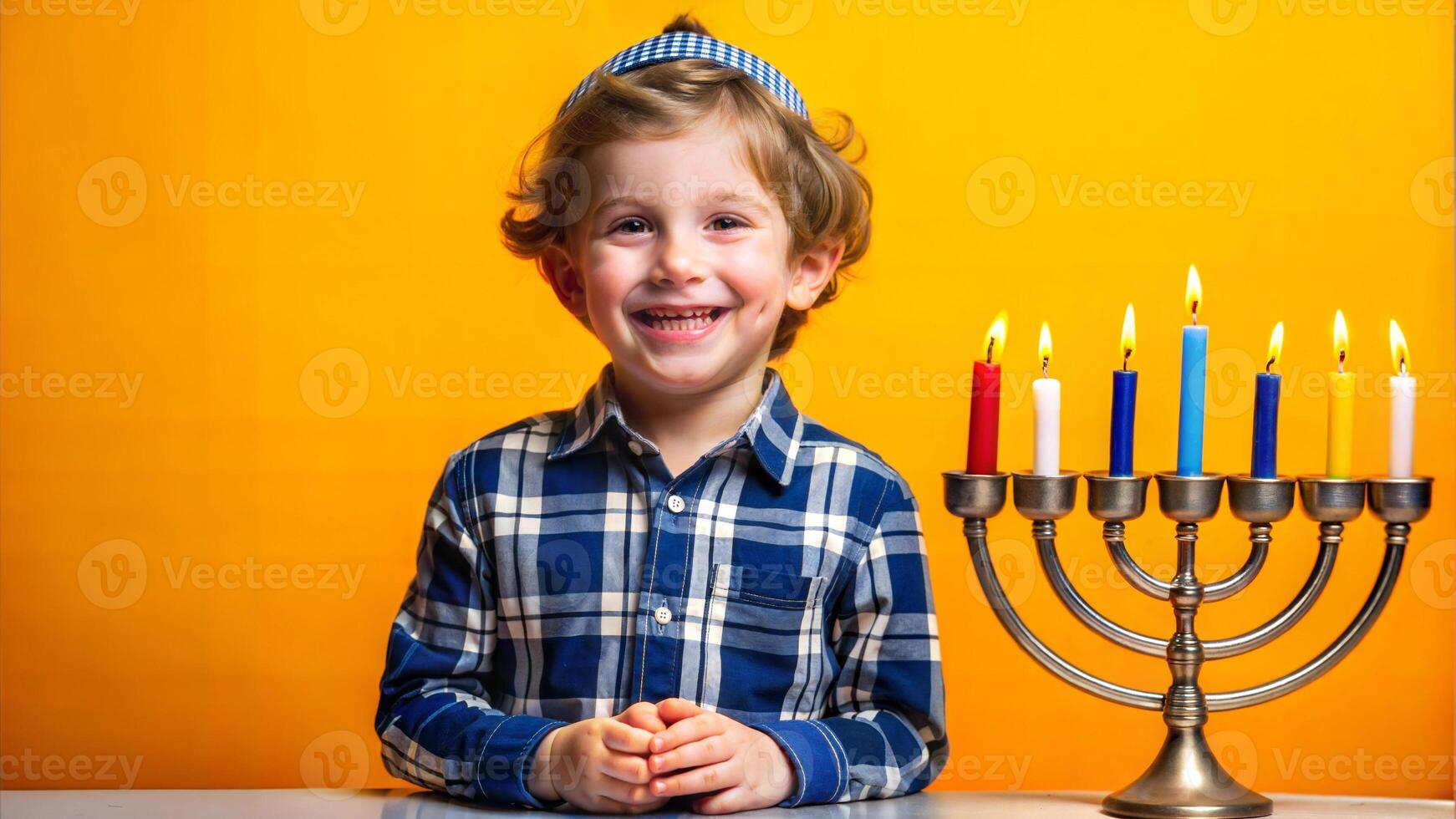 Happy little boy with Hanukkah menorah over yellow background photo