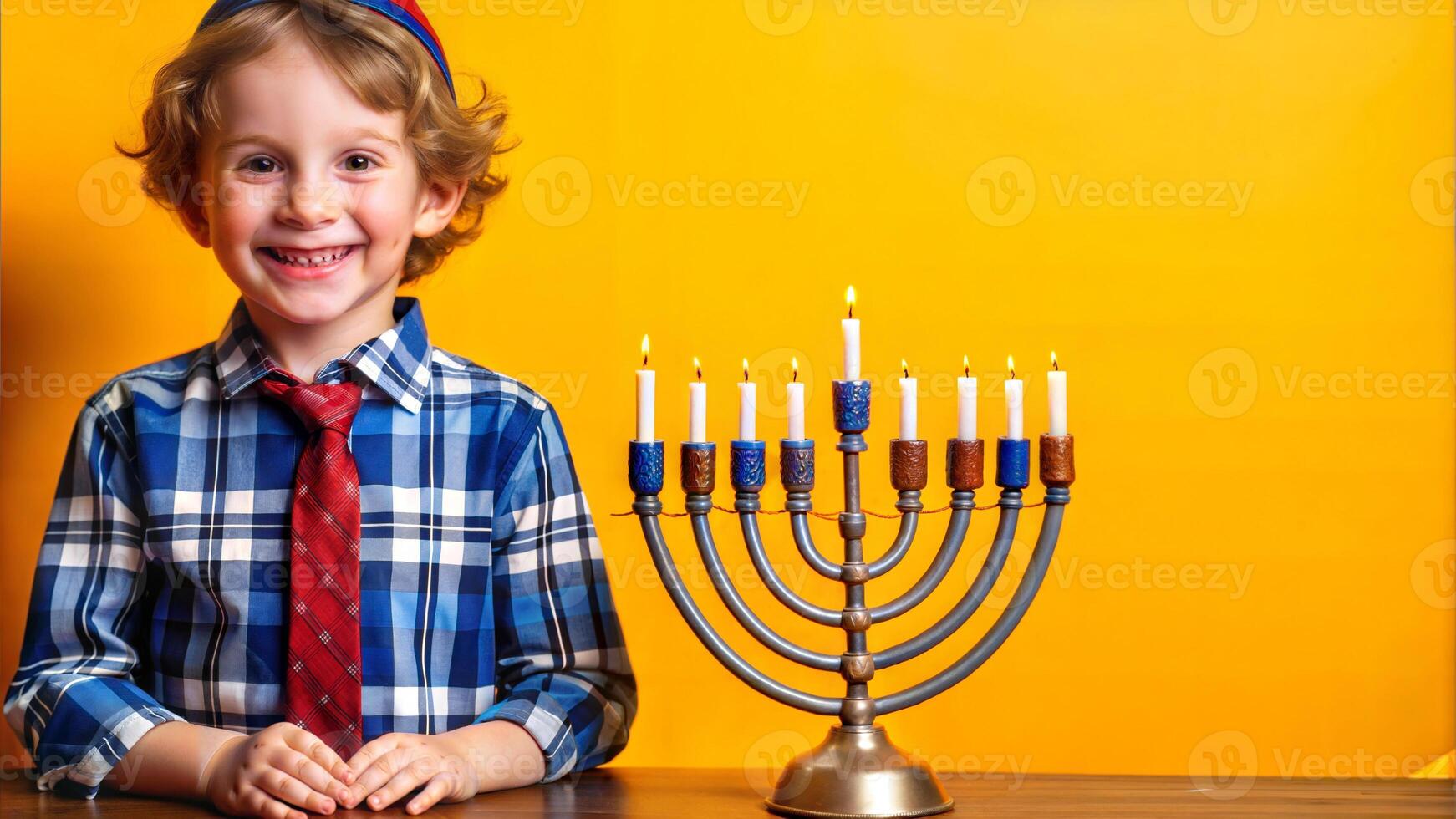 Happy boy with Hanukkah candelabrum on yellow background photo