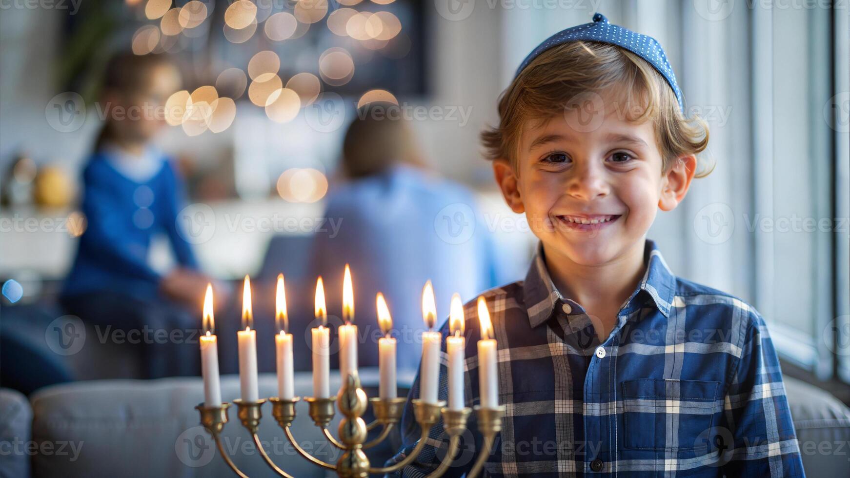 Portrait of smiling boy holding candles during Hanukkah at home photo