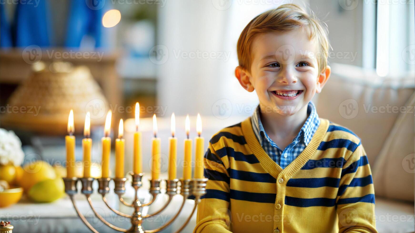 Cute little boy celebrating Hanukkah with menorah at home photo