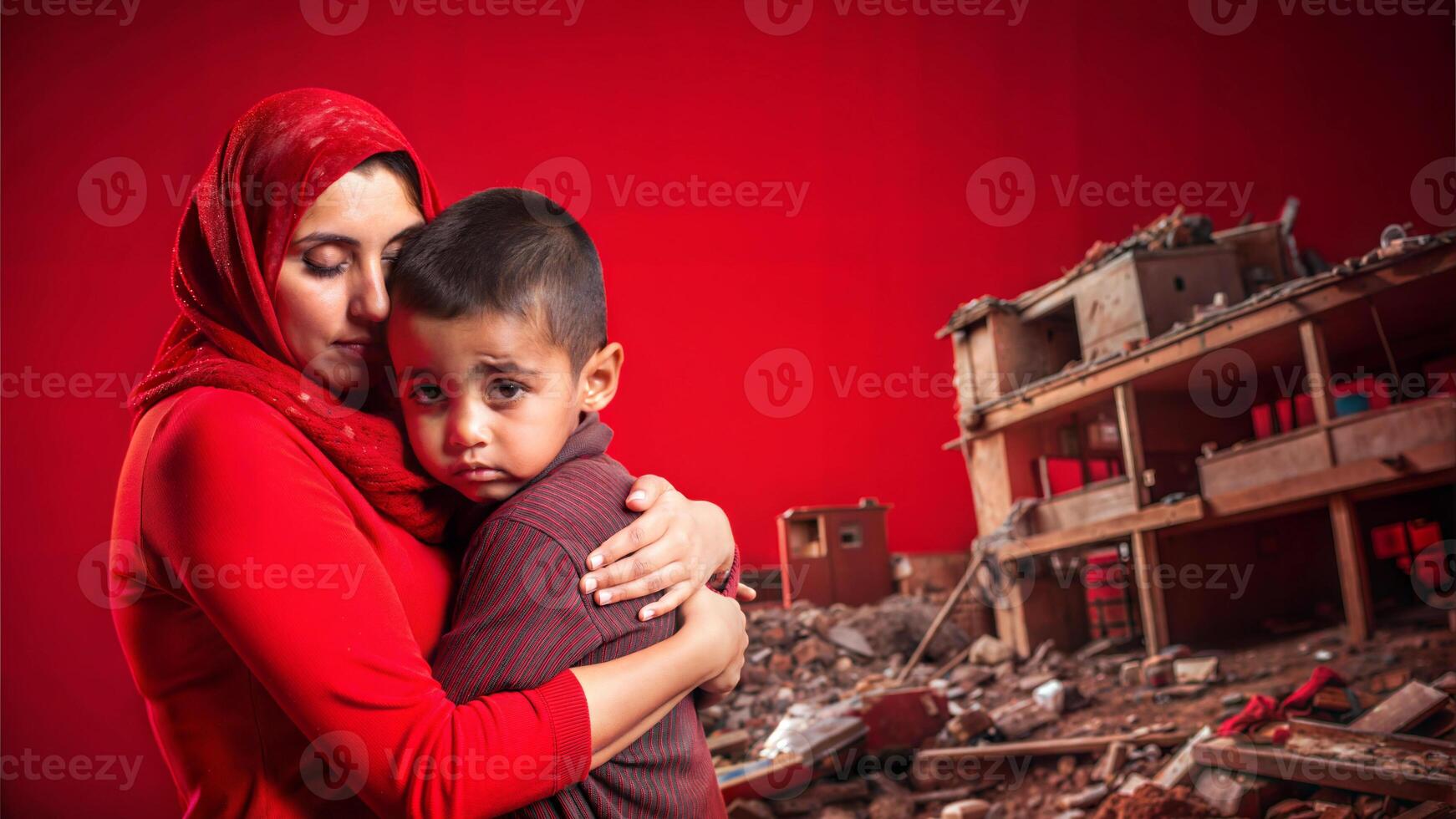 Muslim mother and her son in front of a broken house on a red background photo