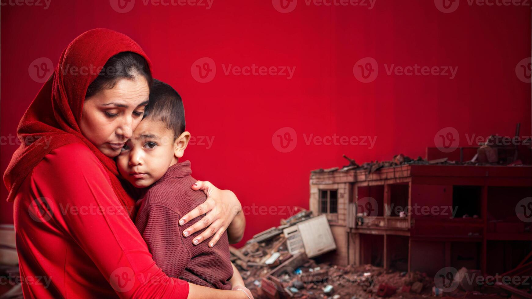 Mother and son in the rubble of a destroyed house. The concept of family problems. photo