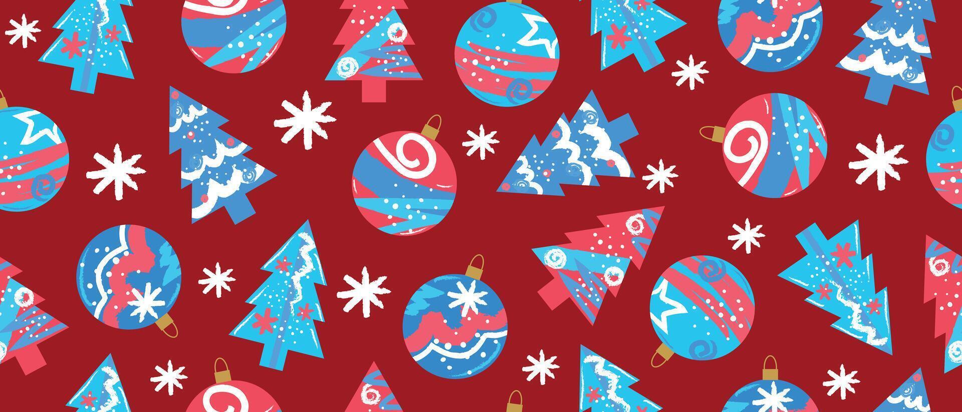 Winter Christmas and New Year seamless background with balls and trees on a red background. vector