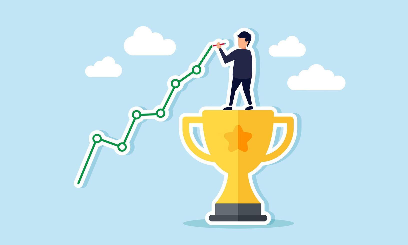 A businessman standing on a trophy, charting an upward trend in his business, illustration concept of Correlation between business growth and development with achievements attained vector
