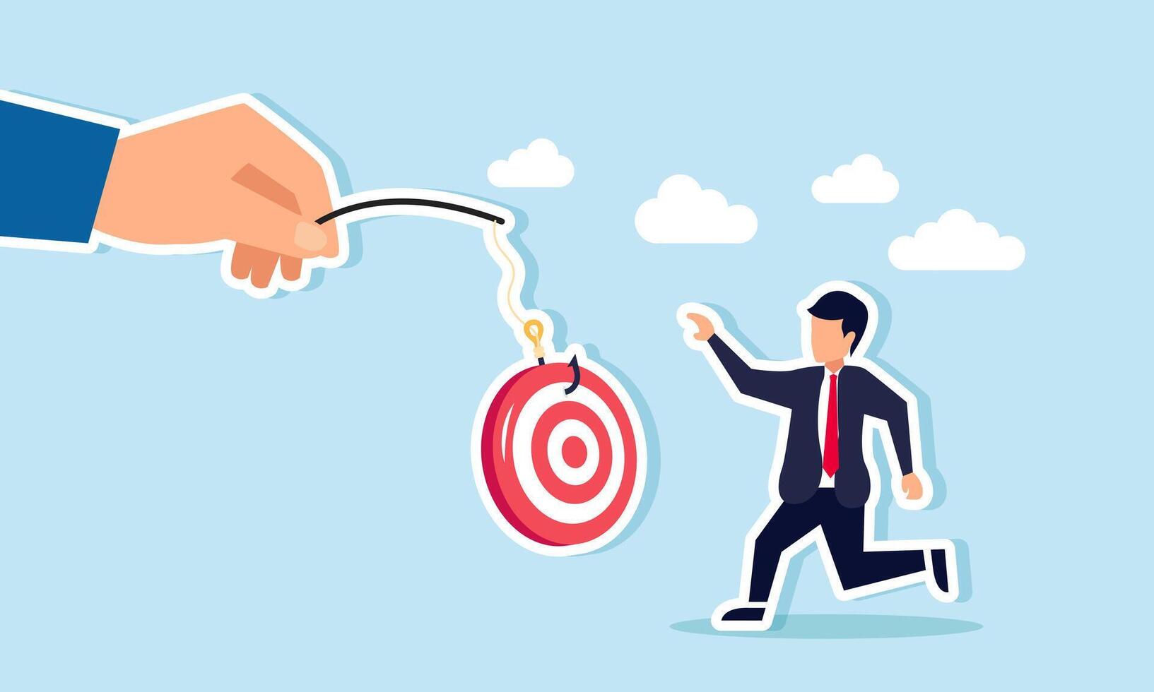A businessman chasing a fishing lure baited with a target board, Illustration concept of A businessman racing competitors to hit planned targets vector