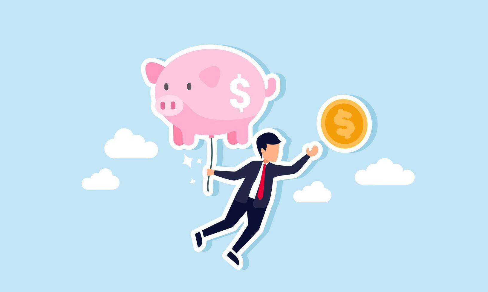 A businessman hanging in the sky, holding a piggy bank balloon, reaching for coin, Illustration concept of Effort to increase company profits, focus on asset growth vector