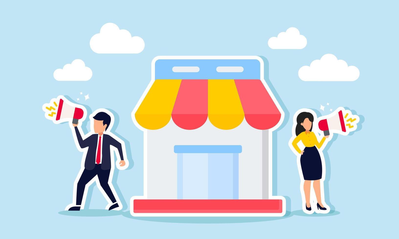 A businessman and businesswoman promoting their store using a megaphone, illustration of Marketing services or products offered by their business vector