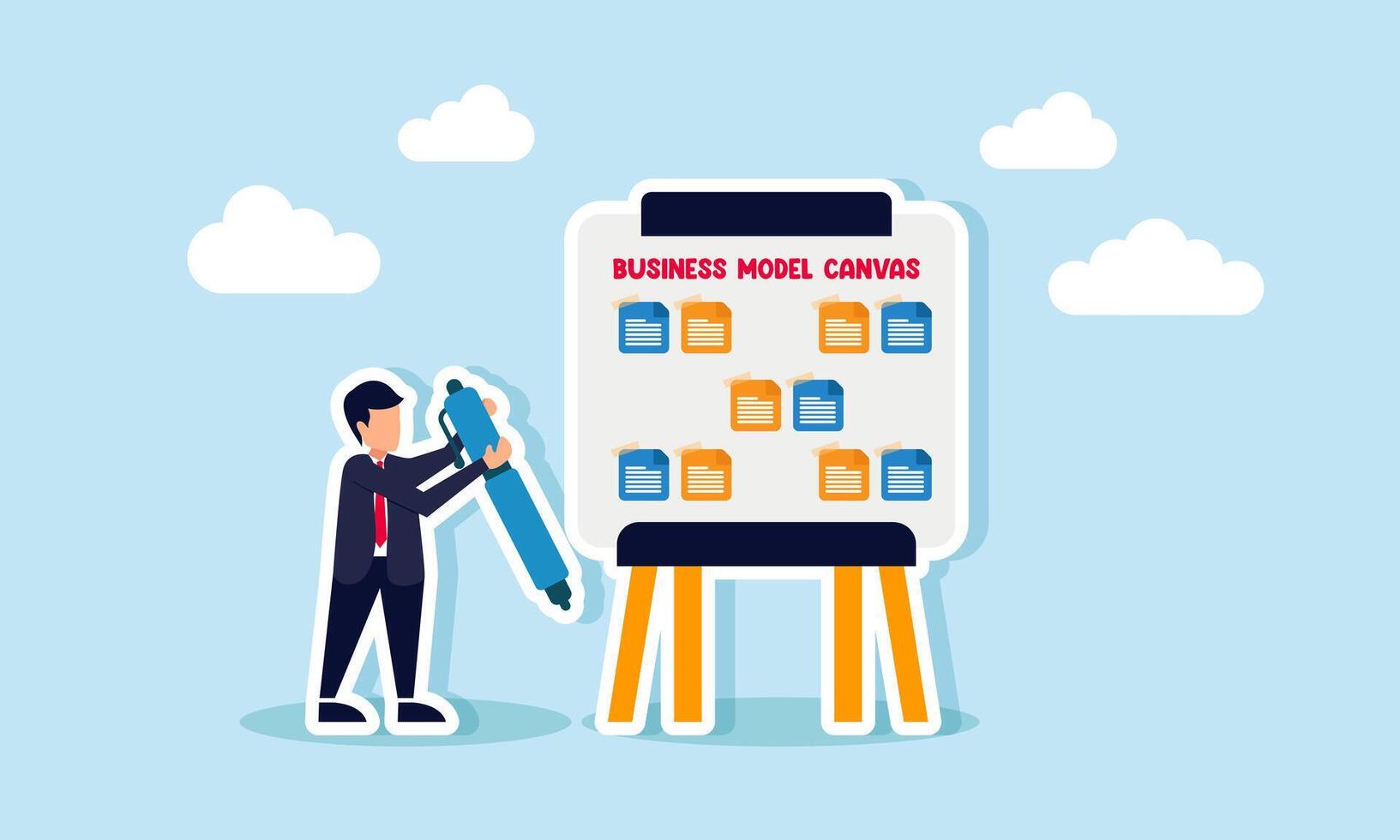 A businessman with a pen trying to make notes on a board, Illustration concept of Developing business strategies, analyzing competitors, and improving company performance vector