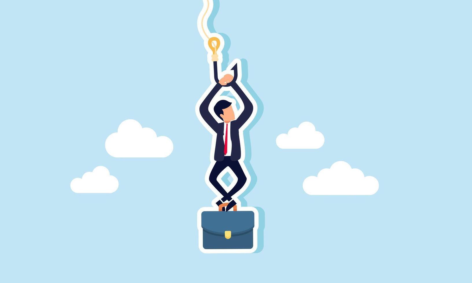 A businessman hanging from a rope hook, securing his briefcase with his feet, Illustration concept of Securing a job at risk of termination, balancing on the edge of uncertainty vector