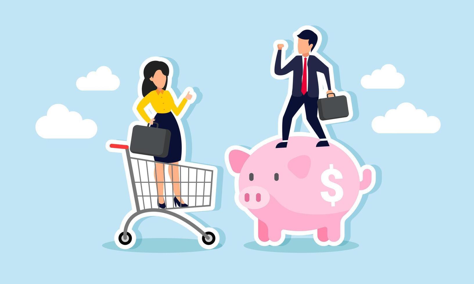 A businessman on a piggy bank debating a businesswoman on a shopping cart, Illustration concept of Debate over whether to spend or invest business funds vector