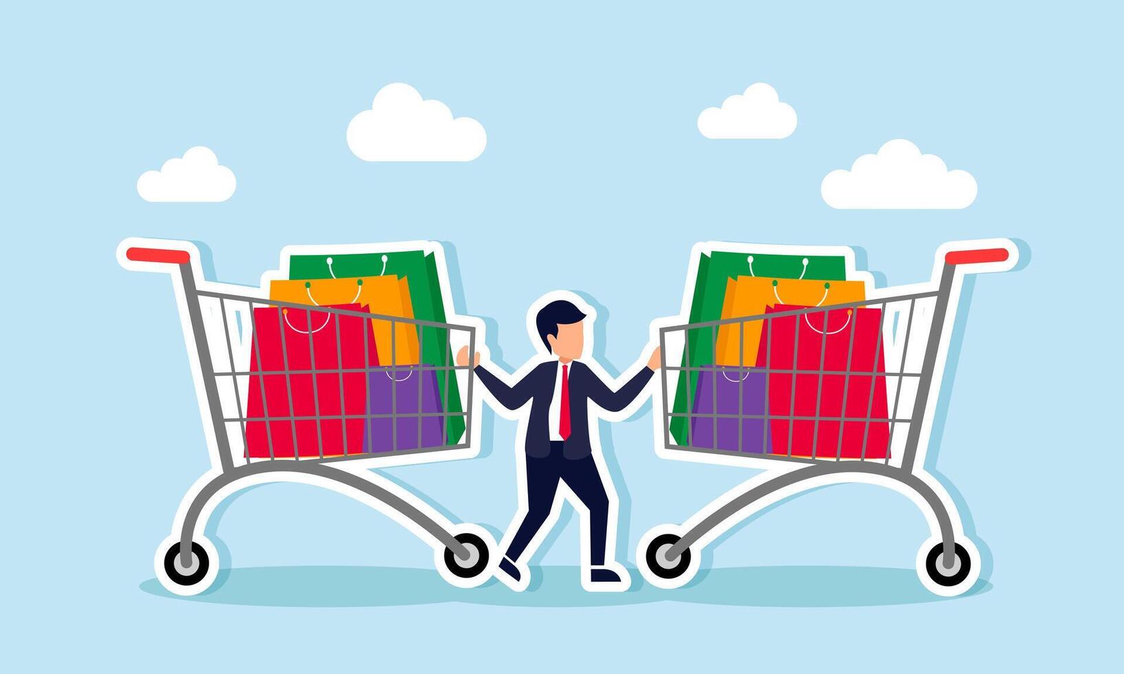 A businessman holding two moving shopping baskets heading towards him, Illustration concept of Resisting pressure to spend on non-essentials or waste money vector
