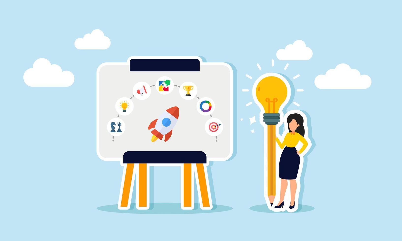 A businesswoman holding a pencil with a light, standing next to a presentation board, Illustration concept of Productivity in drafting comprehensive project reports including various aspects vector