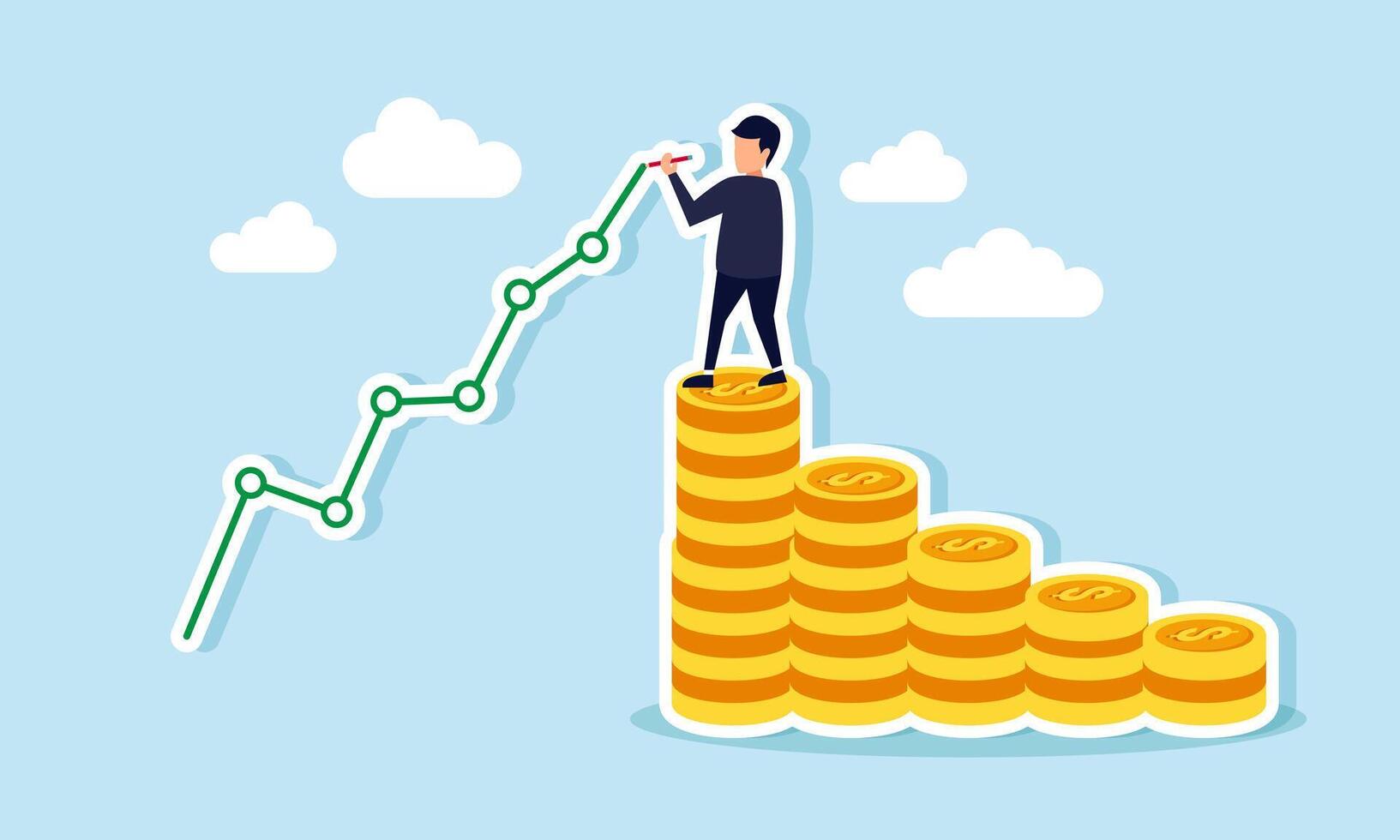 A businessman standing on a stack of coin charts is drawing a graph with an upward trend, illustration concept of Correlation between business growth and development with increasing profit vector