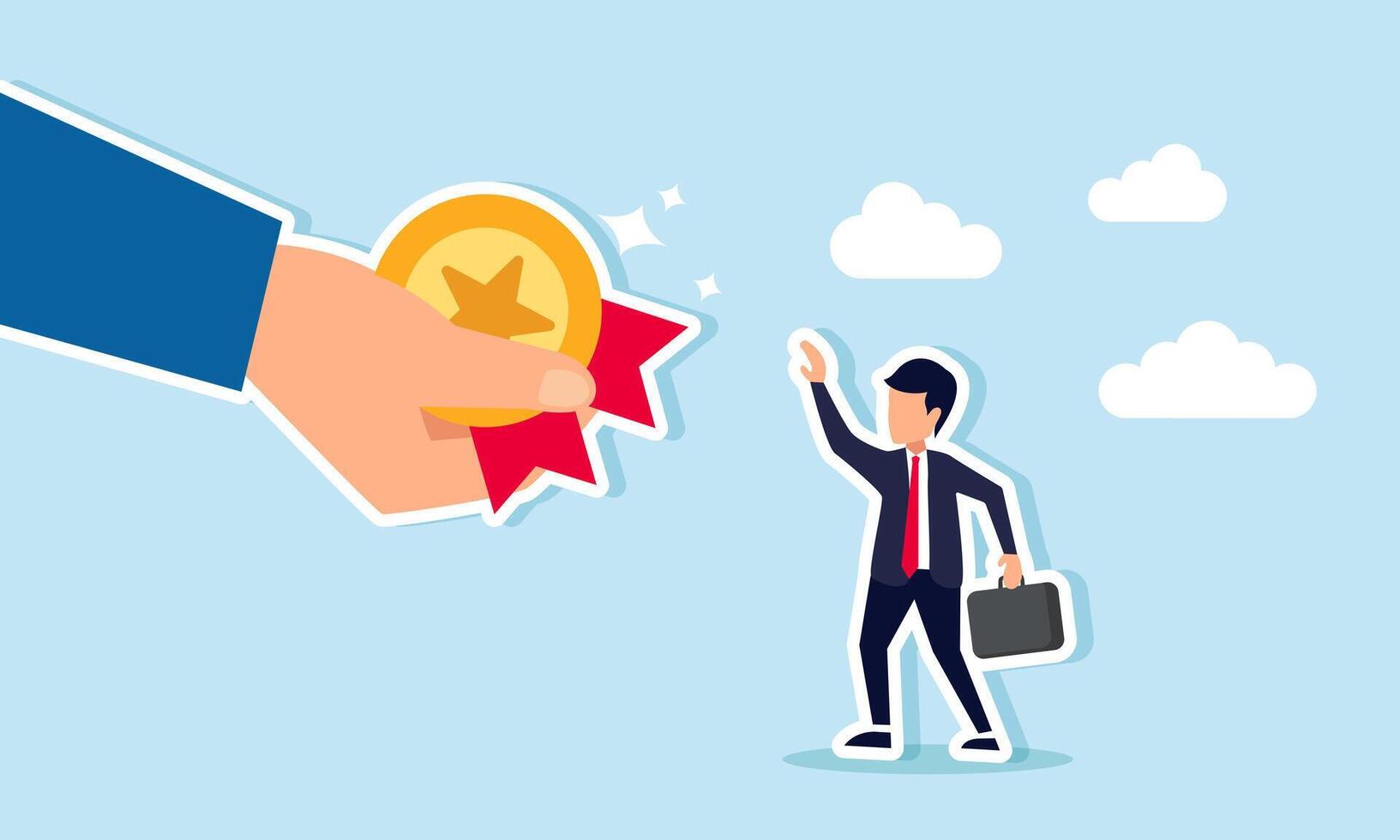 An accomplished businessman receiving a medal as recognition, Illustration concept of Achievement in growing and expanding the business vector