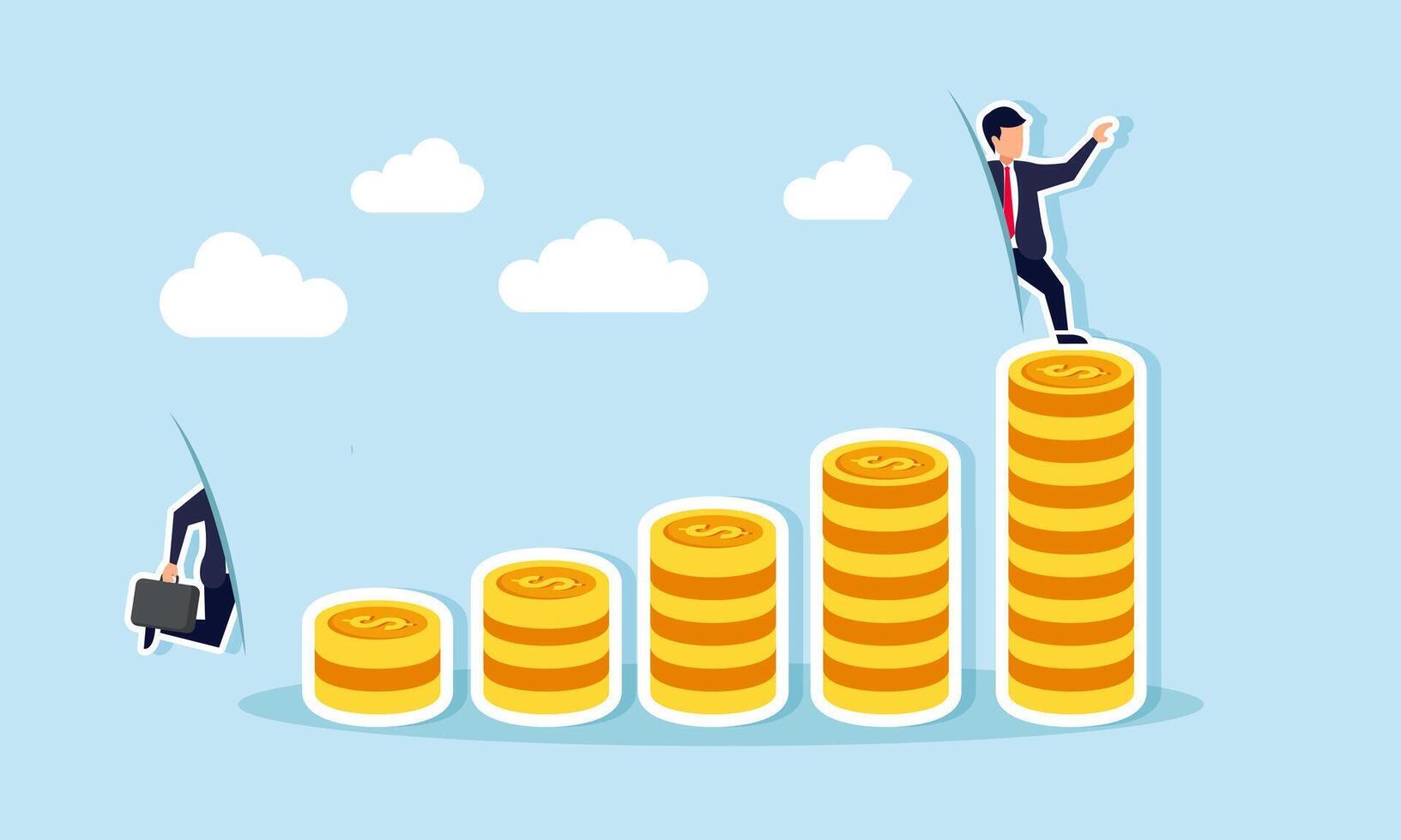 A businessman stepping through a magic corridor to reach the highest coin, Illustration concept of Achieving company profit targets quickly or instant wealth success vector