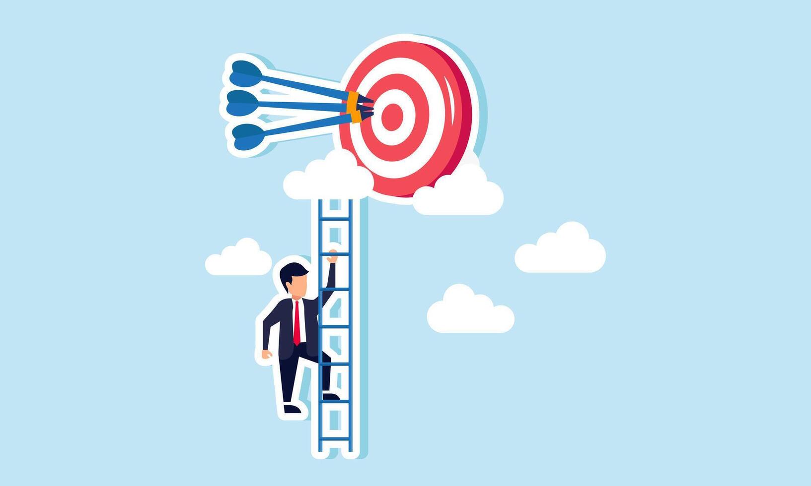 A businessman climbing a ladder toward a target board high above the clouds, illustration of A businessman progress toward achieving agreed upon and scheduled targets vector