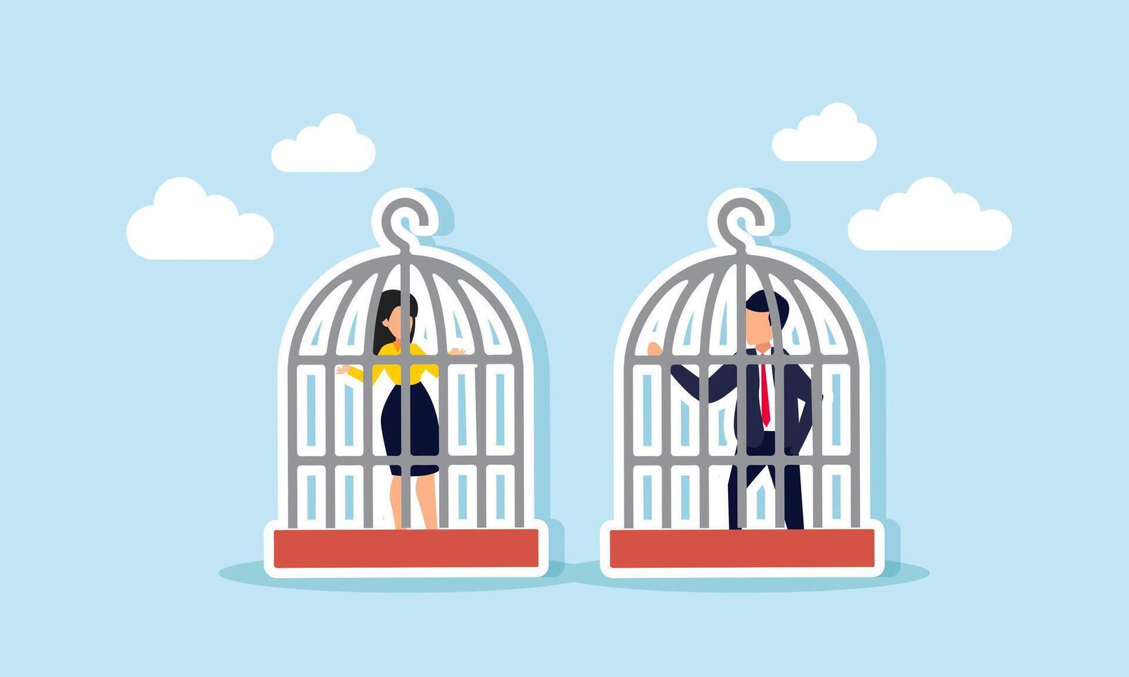 Business partners confined in a cage, limiting their freedom to act, Illustration concept of Constraints on business partners limiting collaboration and hindering growth vector