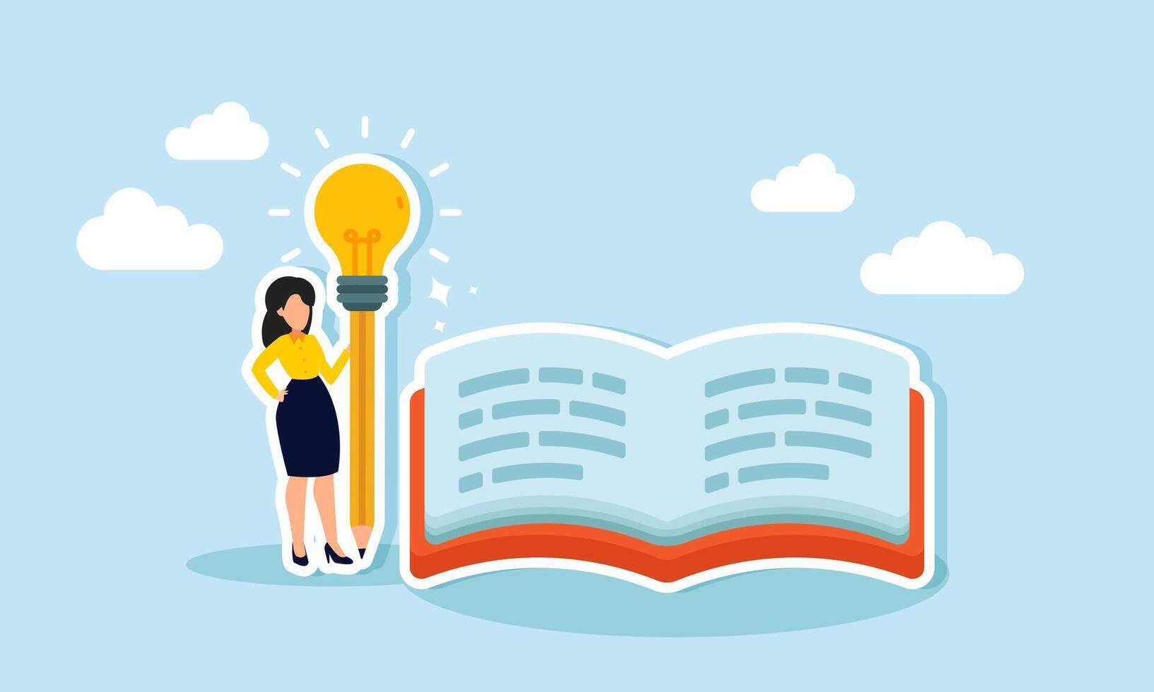 A businesswoman holding a pencil with a light, standing next to an open book, Illustration concept of Productivity in writing annual reports or business project documentation vector