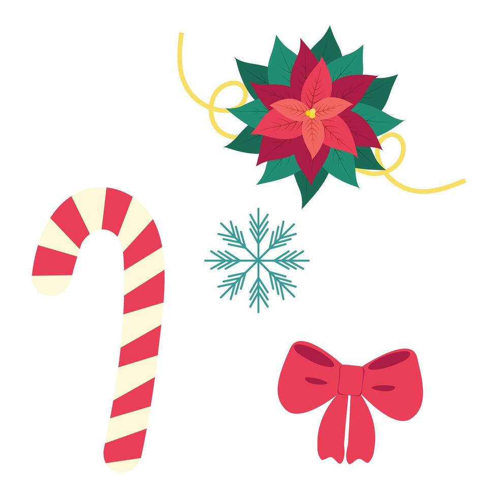 Decorative elements Christmas set Candy Cane, red bow, snowflake, poinsettia and serpentine Isolated. Greetings or invitation cards, stickers, icon, posters, banners or web, promo illustration vector