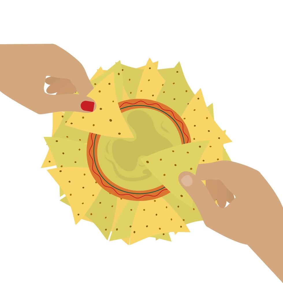 Male and female hands dipping corn and spinach nachos into sauce boat with sauce on pile of tortilla chips. Traditional mexican snack Isolated. illustration Menu, poster, banner, flyer, promo vector