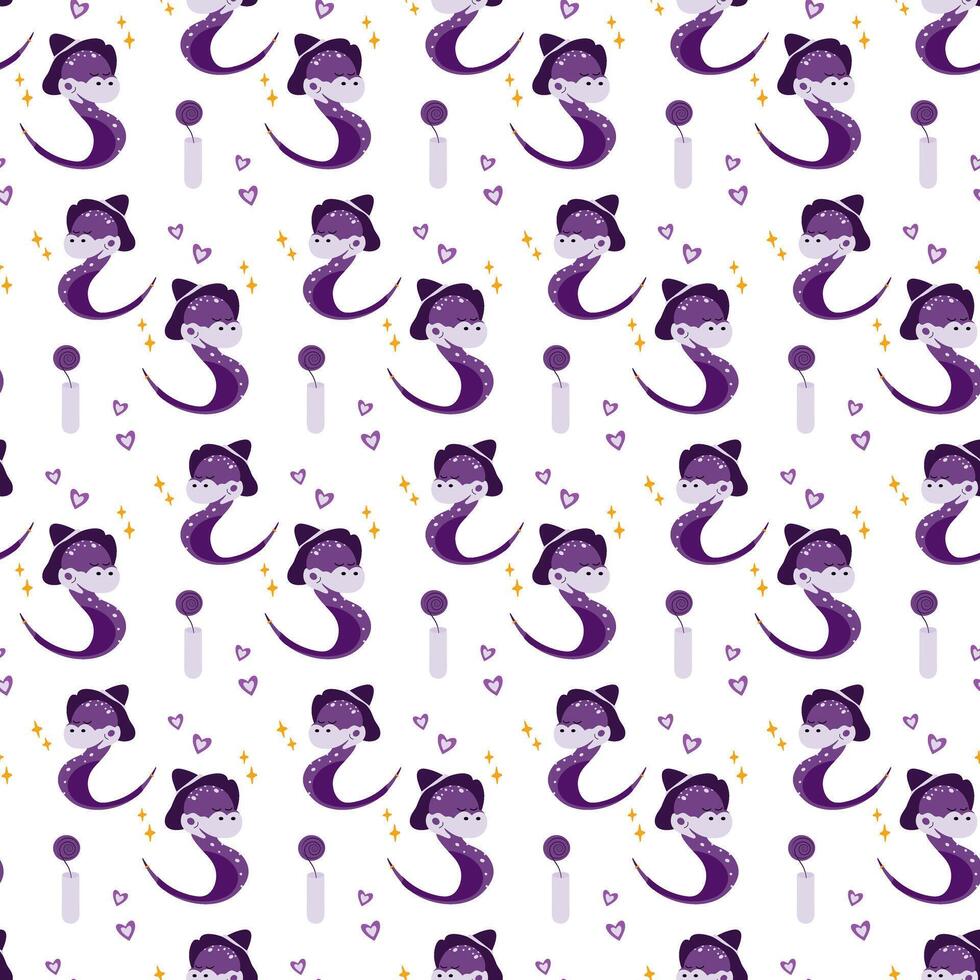 Sleeping snake in witch hat, magic flower in vase with decorative hearts and stars Seamless pattern Isolated Abstract background texture. illustration Wallpaper, wrapping, packing or web, cards vector