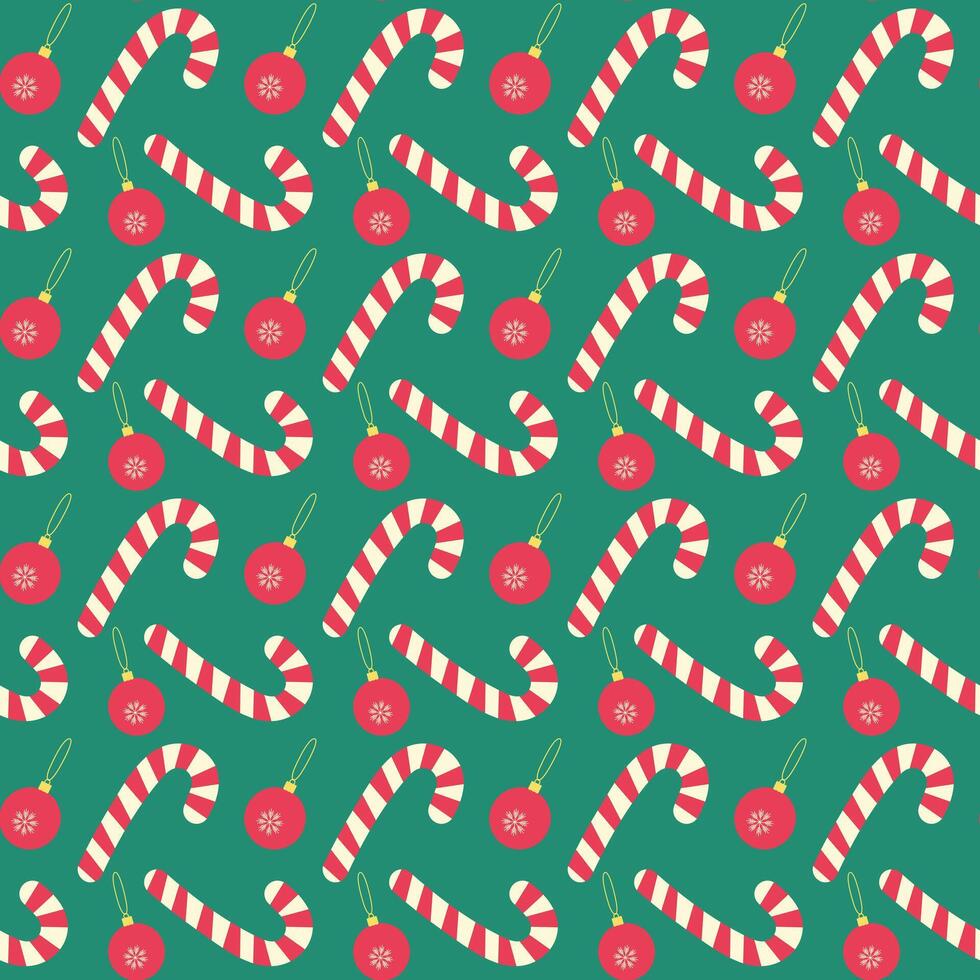 Candy Canes and New Year toys Seamless pattern in trendy Christmas shades. Greeting background idea. Wrapping, wallpaper or web, poster, banner, cards, label, leaflets background illustration vector