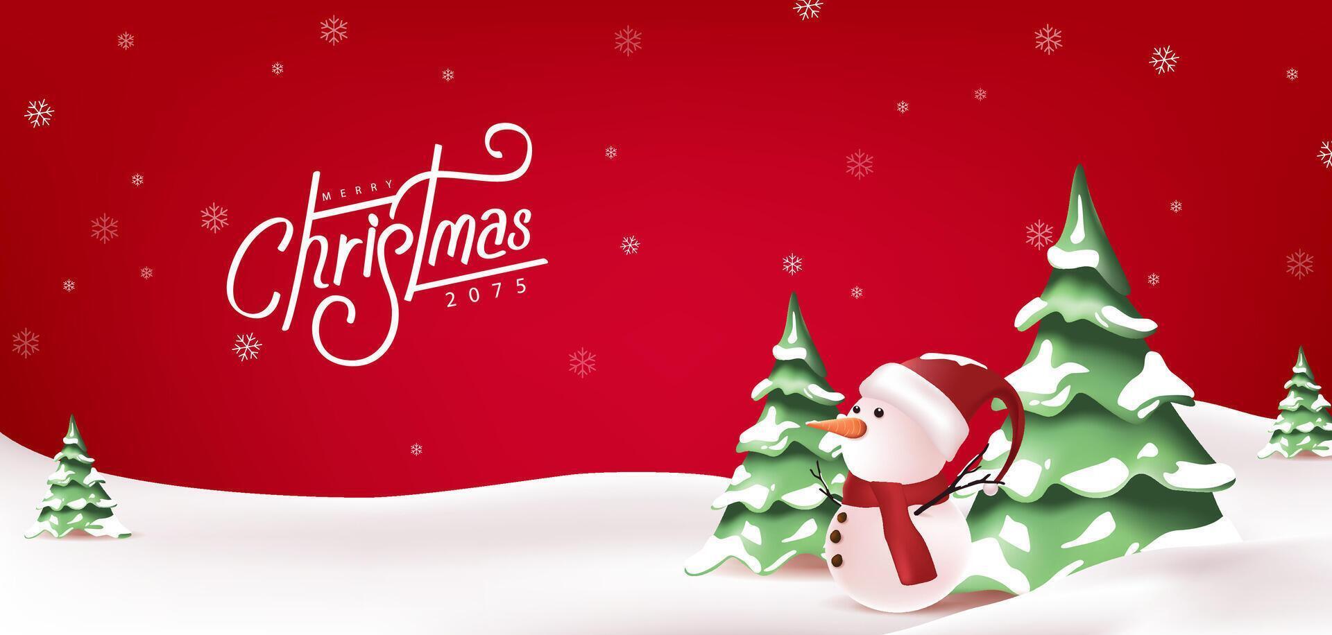 Merry christmas and happy new year greeting card with copy-space and Cute snowman standing in winter christmas landscape snow falling vector