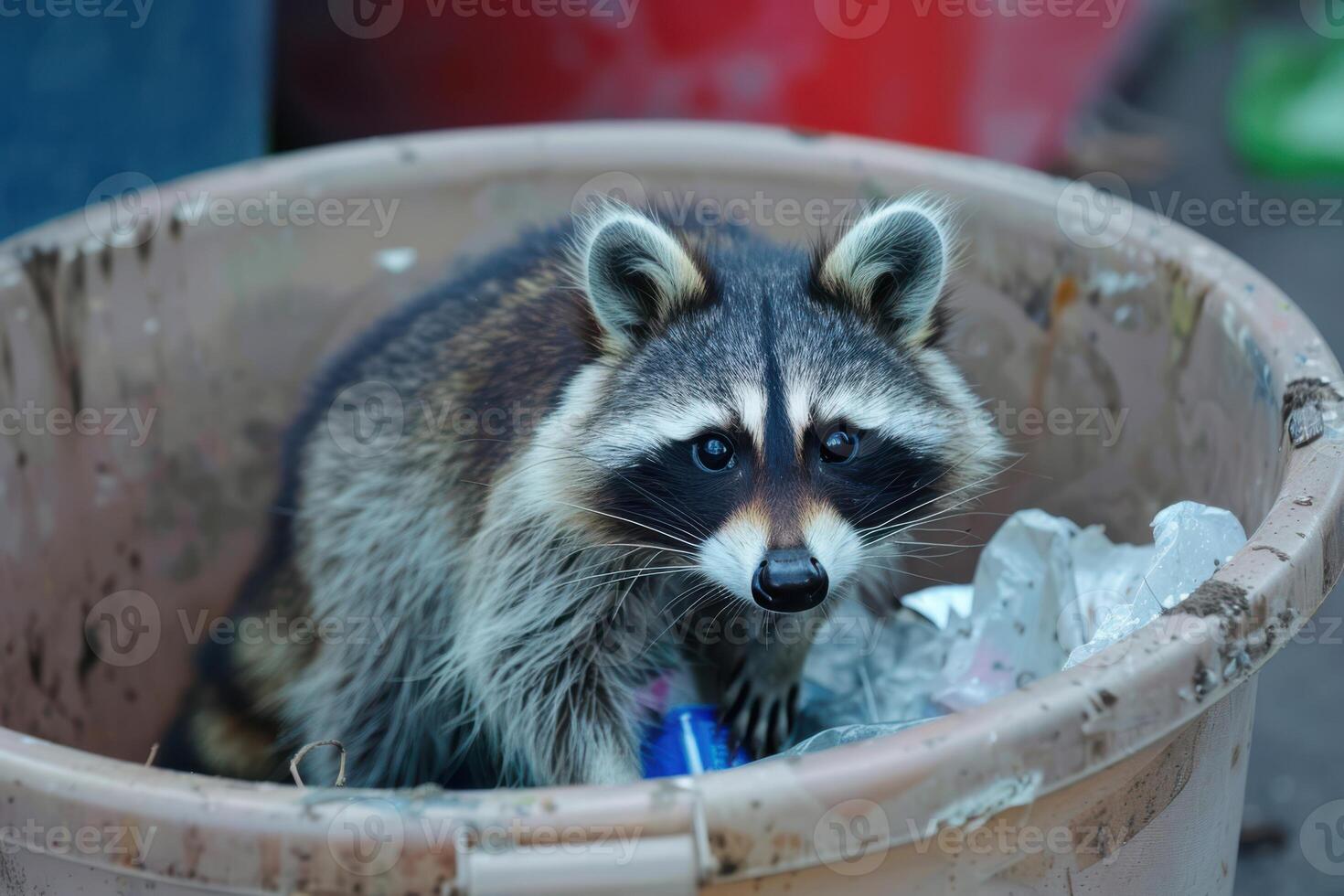 Raccoon Searching Through Trash Can Close Up photo