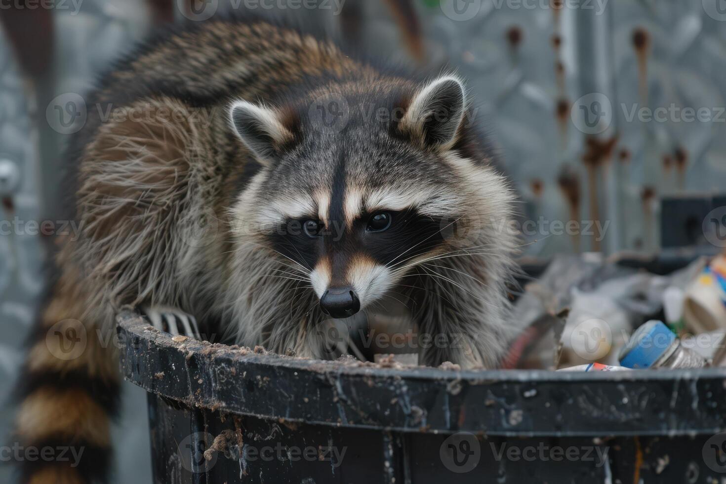 Close Up of a Raccoon Rummaging Through a Trash Can photo