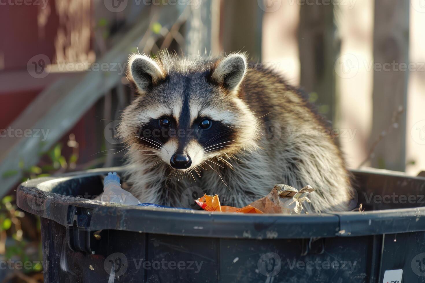 Raccoon Searching Through Trash Can Close Up photo