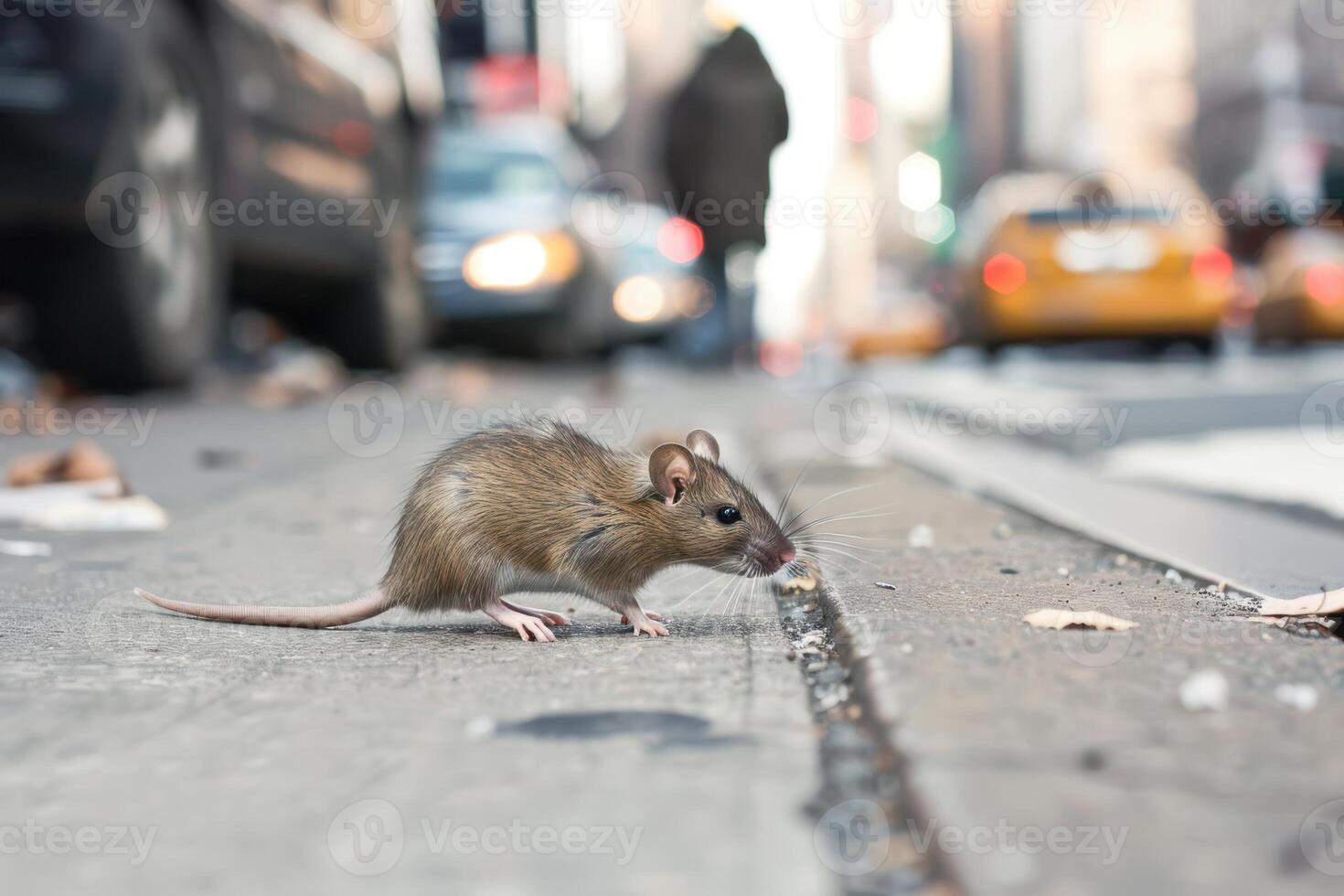 Rat Scurrying Across Sidewalk Near a Bench photo