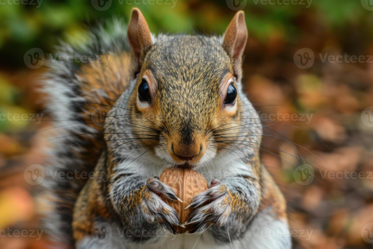 Squirrel with Nut in Paws Close Up photo