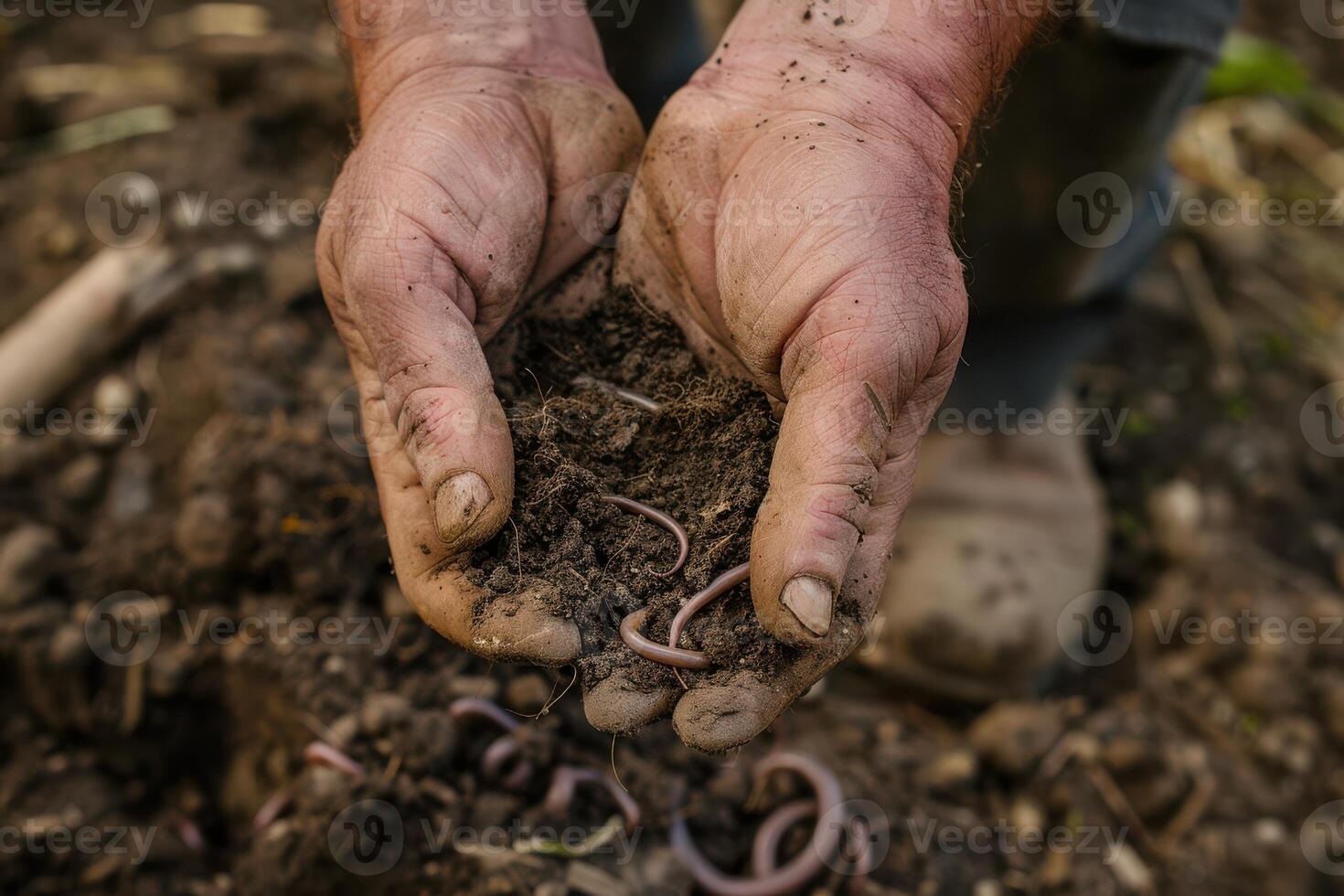 A Close Up of Hands Holding a Soil Sample with Earthworms photo