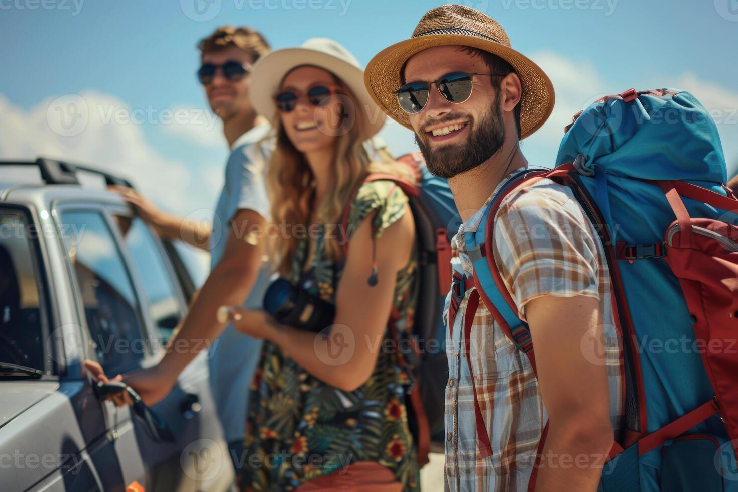 A Group of Friends Standing by Their Car Ready for a Ride photo