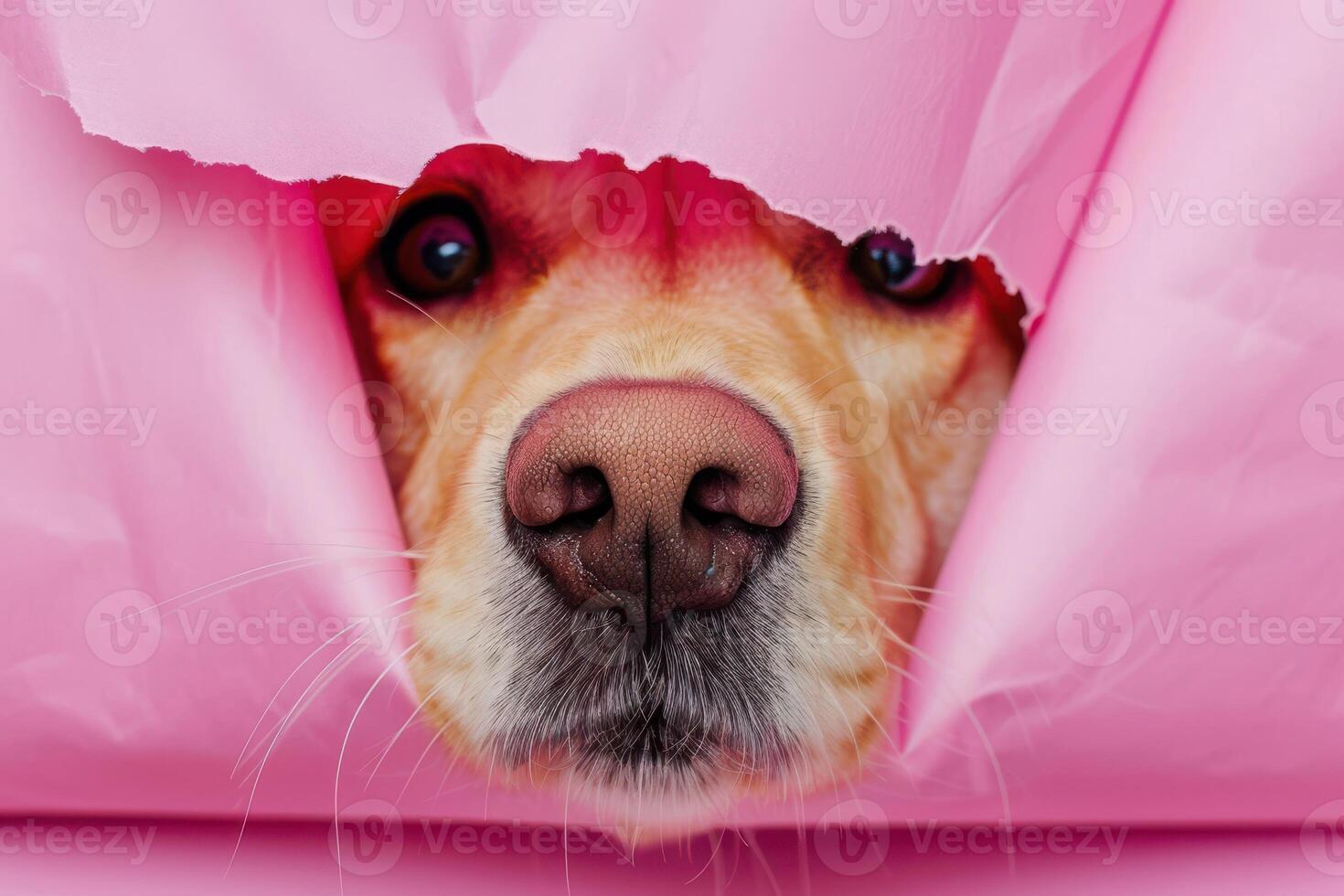 Adorable Dog Nose Peeking Out from Pink Paper photo
