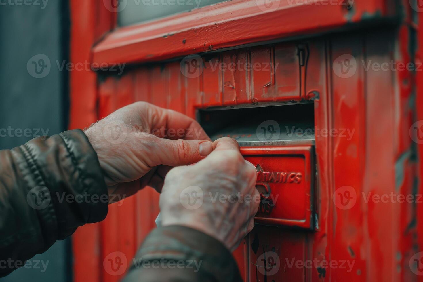 Closeup of a Male Hand Putting a Letter in a Red Mailbox photo