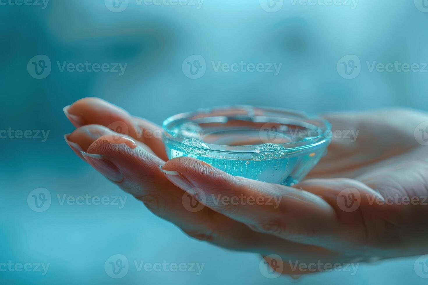 Hand Holding Contact Lens Solution and Container photo