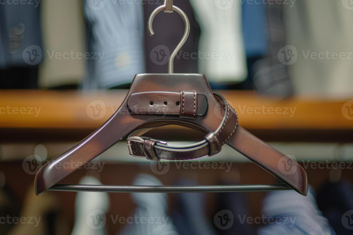 Classic Male Leather Belt Displayed on a Hanger photo