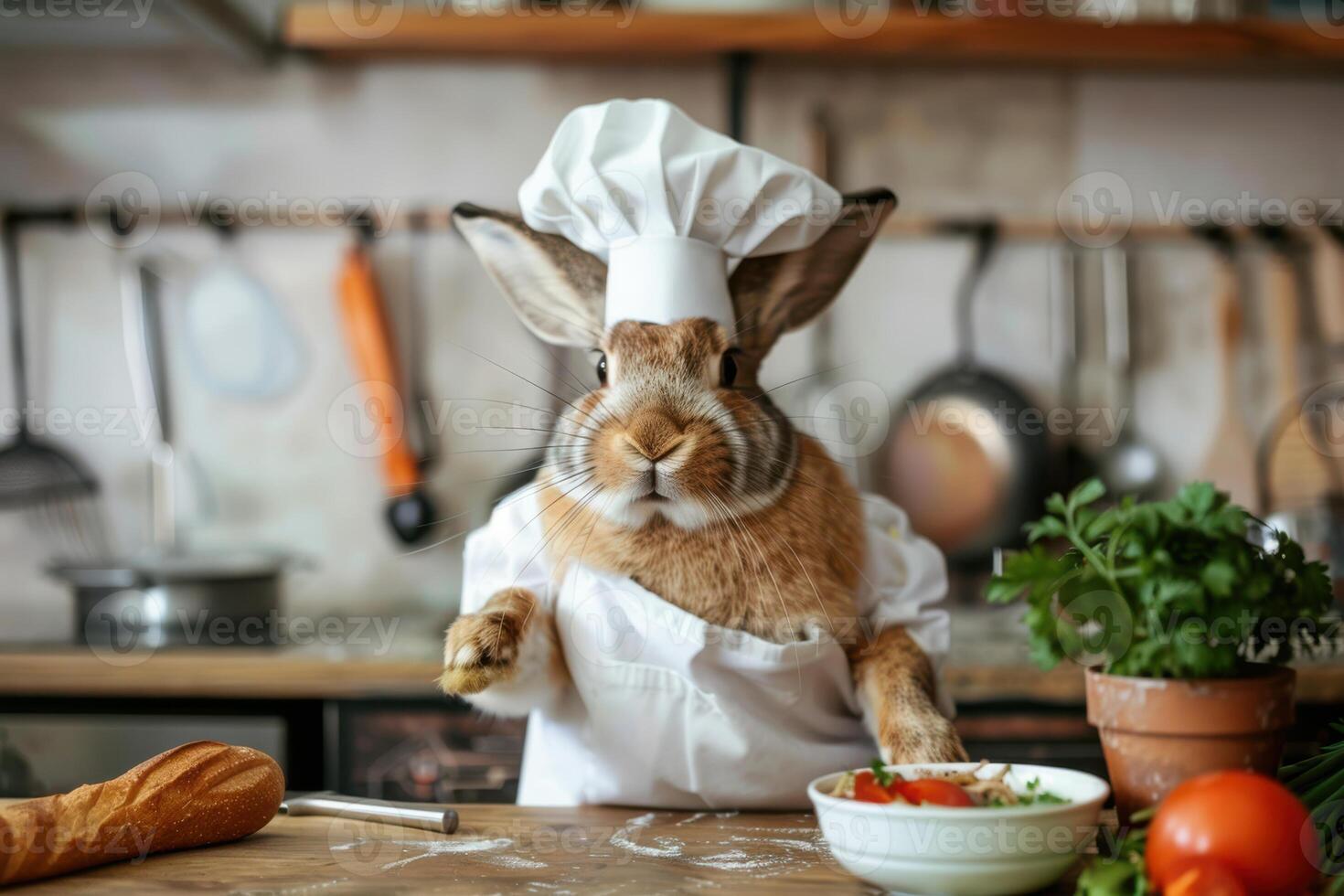 Photo Portrait of Happy Cute Hare Dressed as a Chef