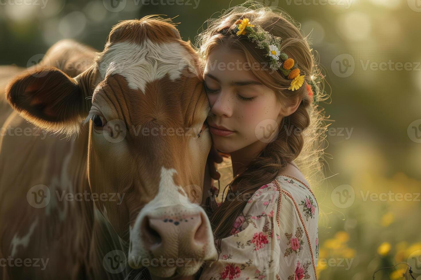 Female Milkmaid Hugs Her Cow photo