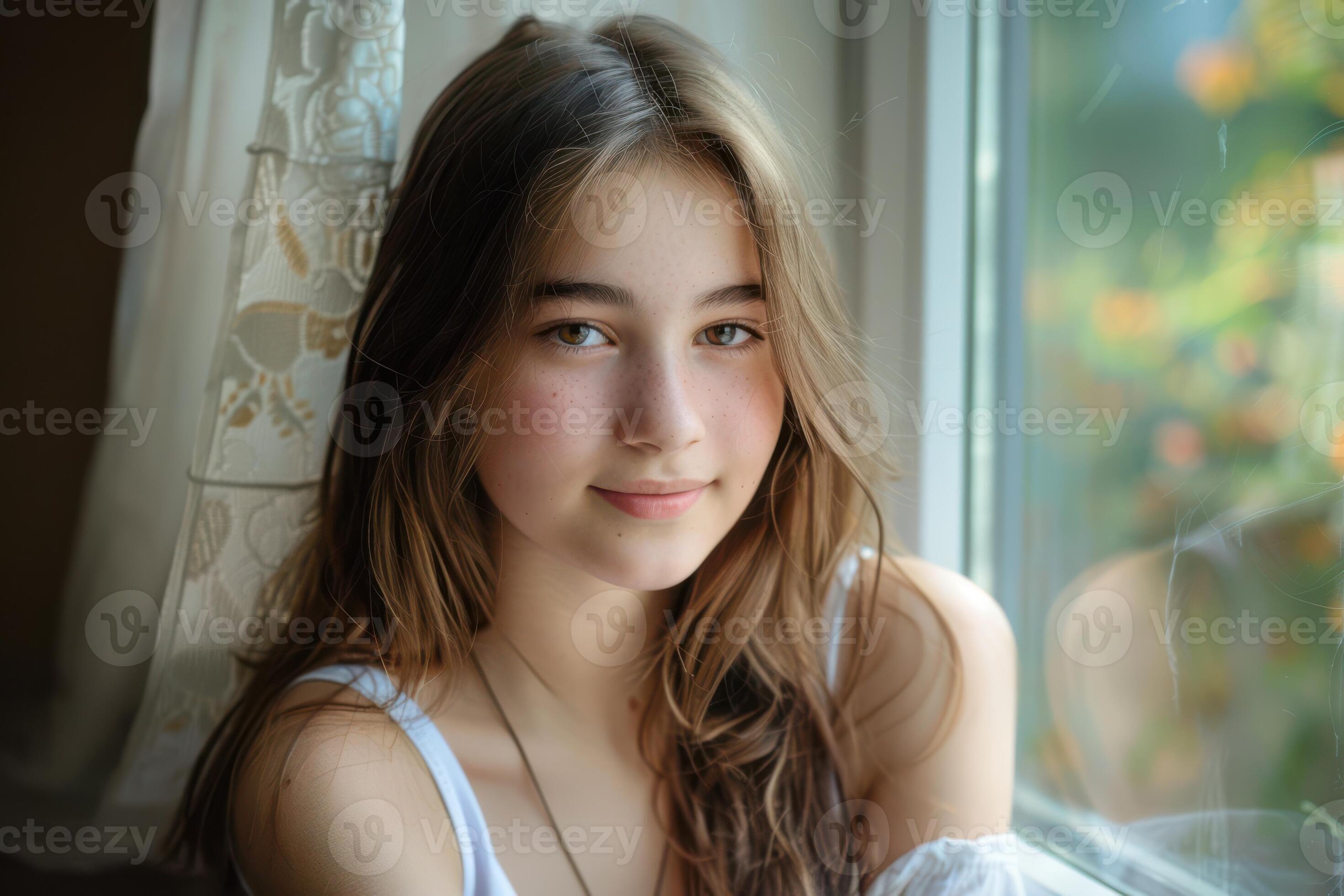 Young Female Teenager with a Perfect Face Sitting Near 49729658 Stock
