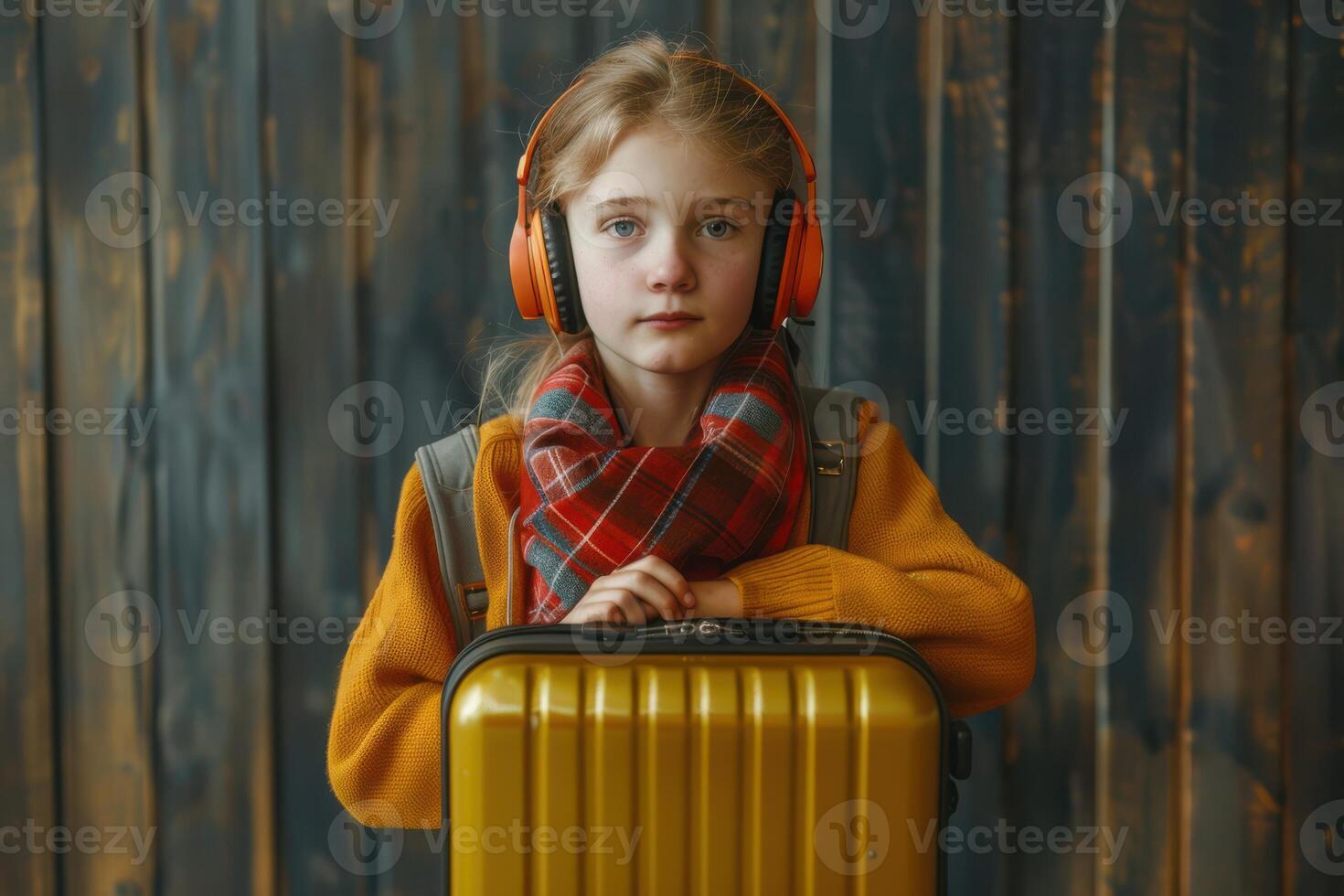 Stylish Young Girl with Headphones and Bright Yellow Suitcase photo