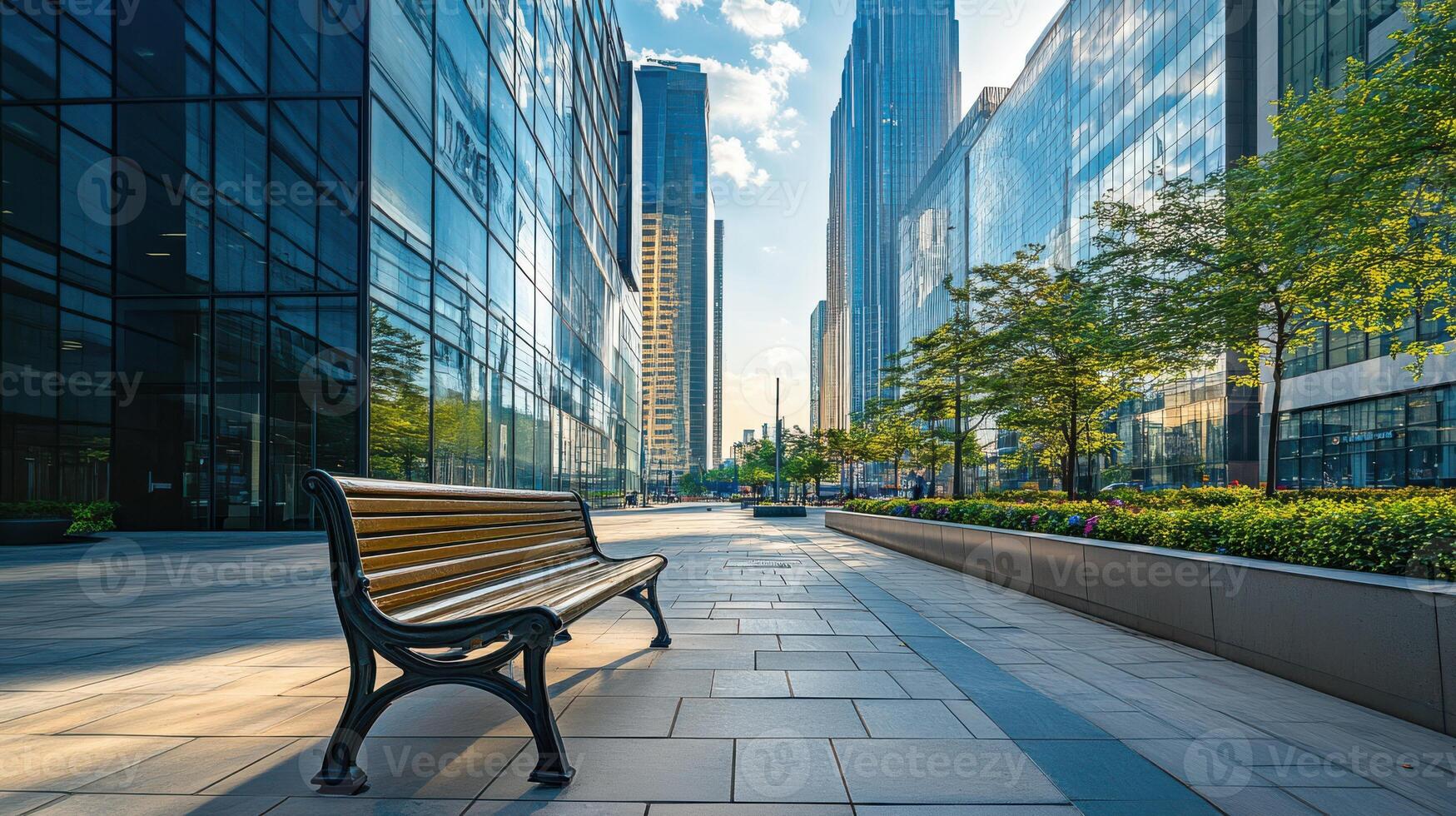 Abandoned bench in a contemporary business area. photo